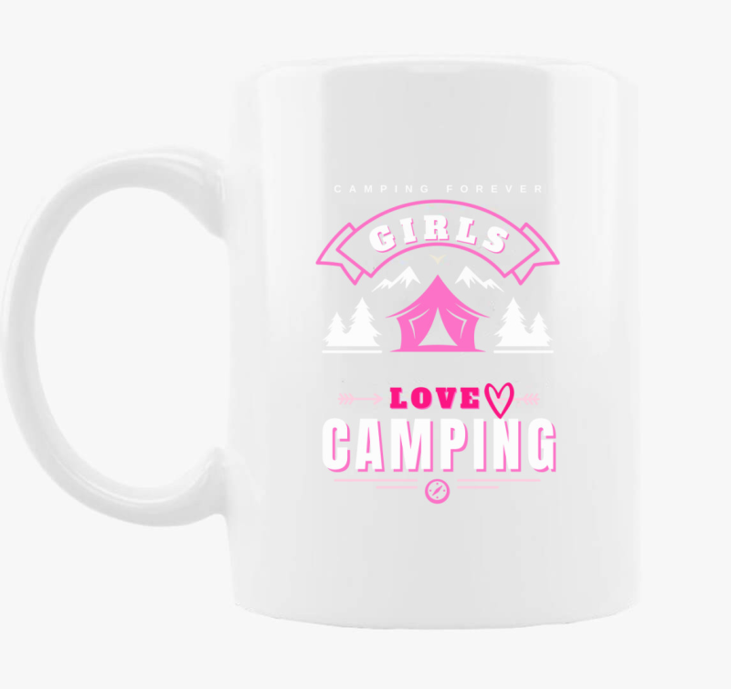 szeretik kempinget, Girls loves camping skodelica, felirat, angol