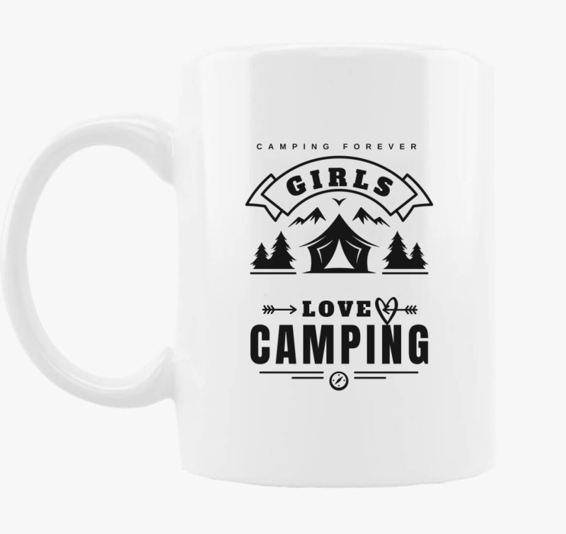 szeretik kempinget, Girls love camping skodelica, felirat, angol