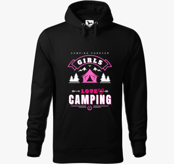 szeretik kempinget, Girls loves camping pulover s kapuco, felirat, angol