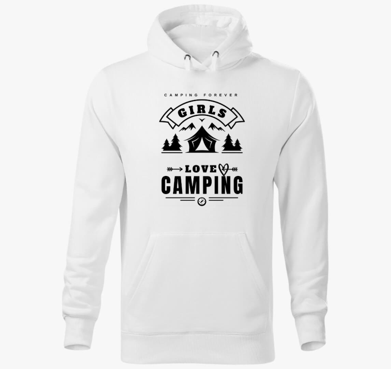 szeretik kempinget, Girls love camping pulover s kapuco, felirat, angol